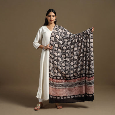 Black - Block Print Mul Cotton Bagru Dupatta 14