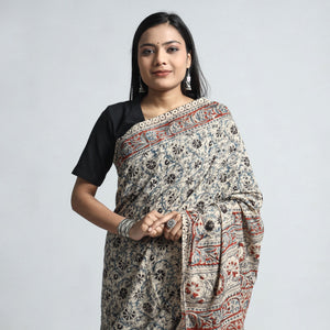 Beige - Pedana Block Print Cotton Kalamkari Saree