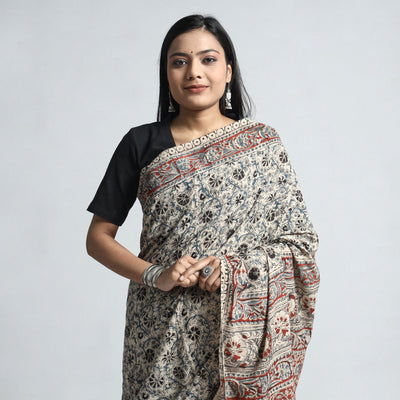 Beige - Pedana Block Print Cotton Kalamkari Saree