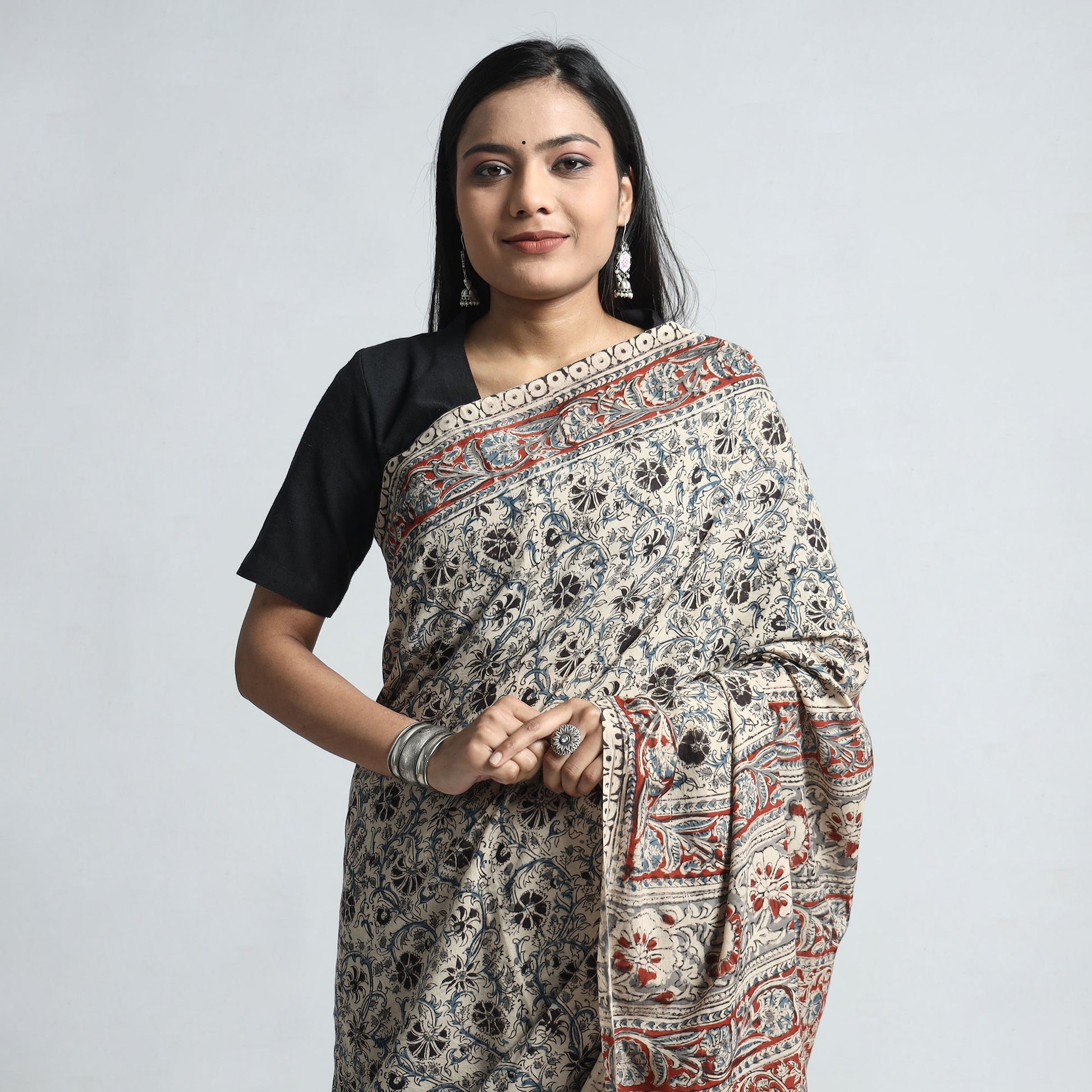 Beige - Pedana Block Print Cotton Kalamkari Saree