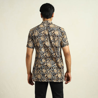Black - Kalamkari Block Printed Cotton Men Half Sleeve Shirt 05