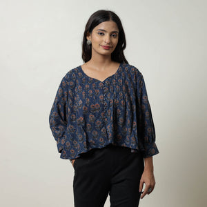 Blue - Ajrakh Block Printed Cotton Crop Top 04