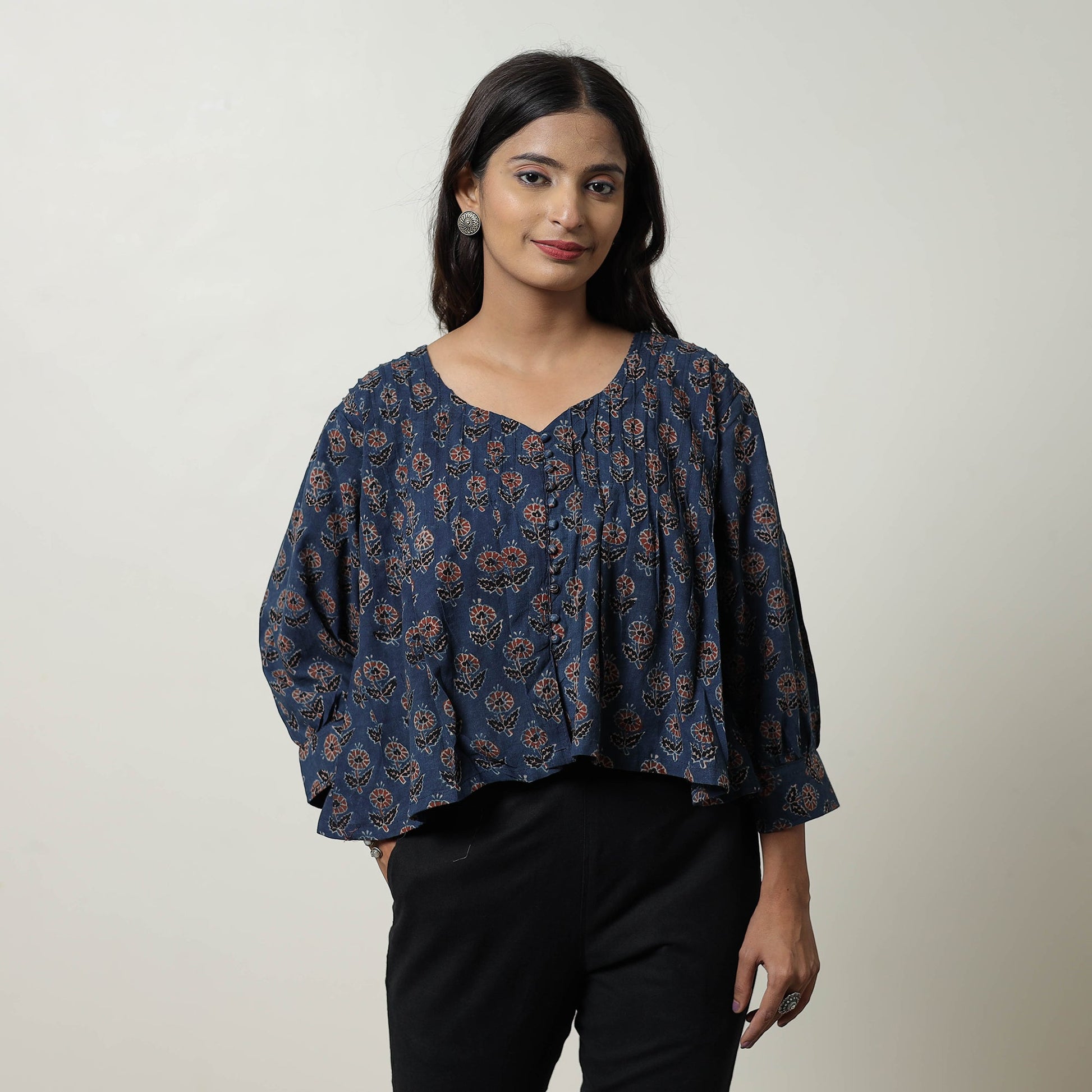 Blue - Ajrakh Block Printed Cotton Crop Top 04