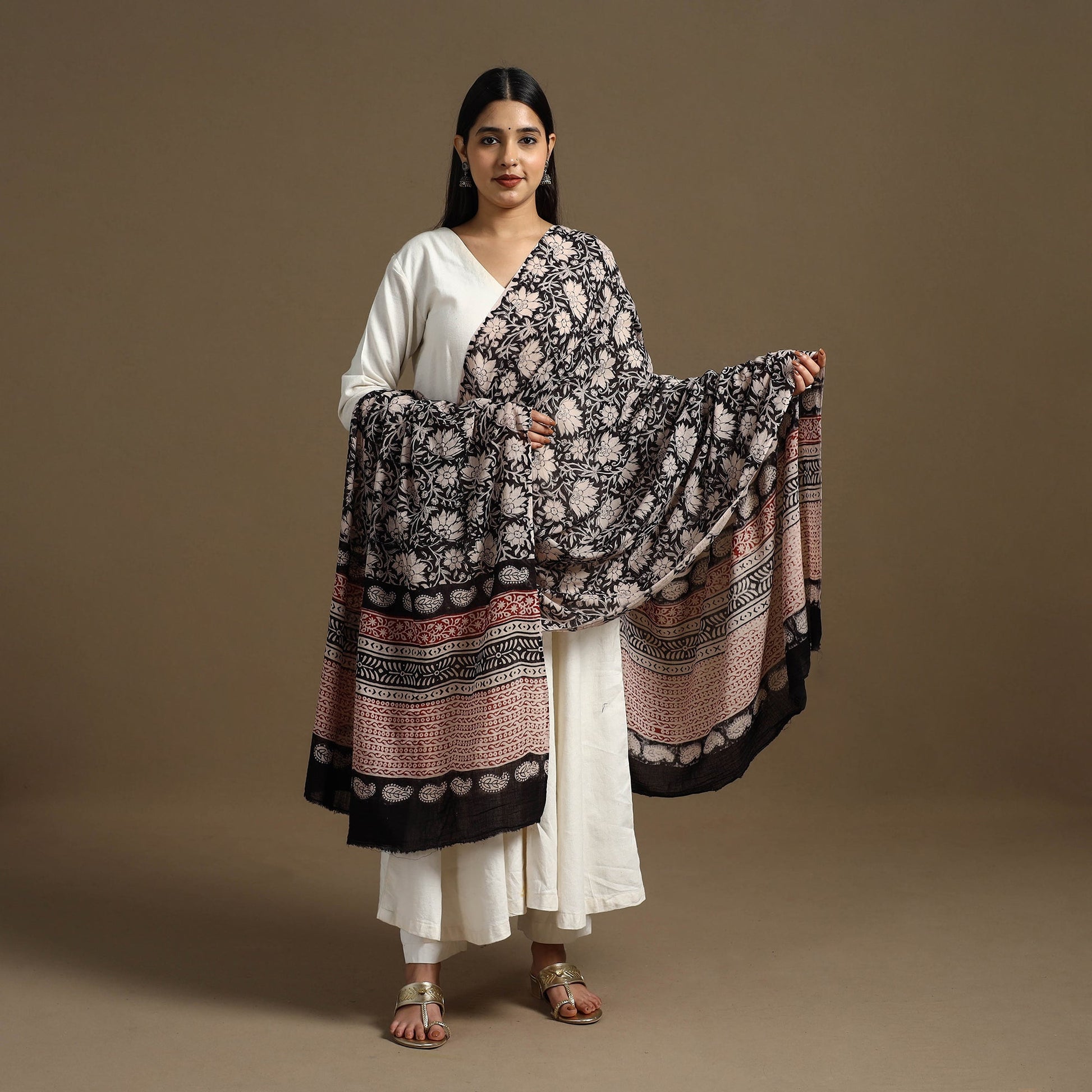 Black - Block Print Mul Cotton Bagru Dupatta 14
