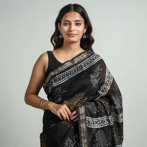Black - Hand Batik Printed Chanderi Silk Zari Border Saree with Blouse Piece