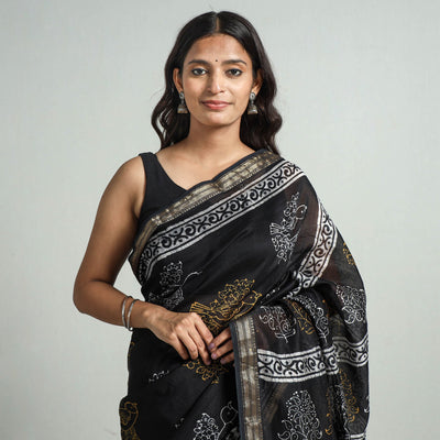 Black - Hand Batik Printed Chanderi Silk Zari Border Saree with Blouse Piece