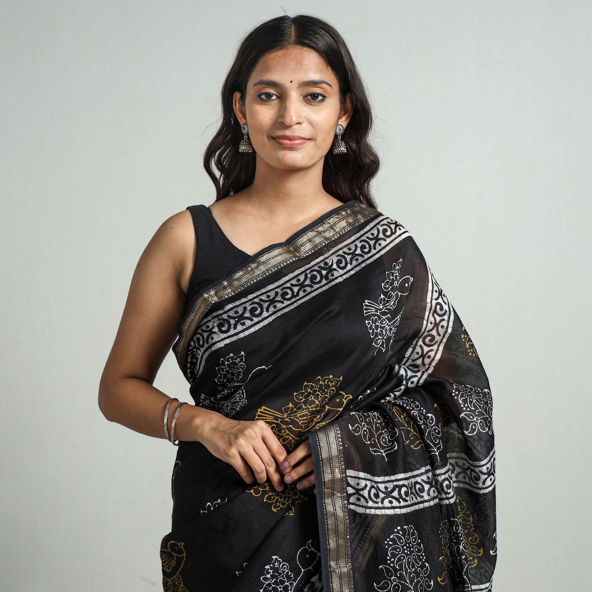 Black - Hand Batik Printed Chanderi Silk Zari Border Saree with Blouse Piece