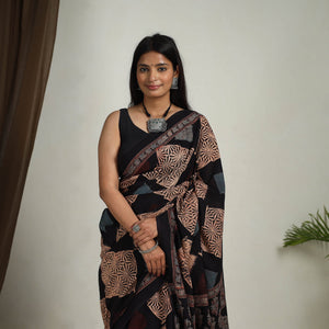 Black - Mul Cotton Block Print Ajrakh Saree 10