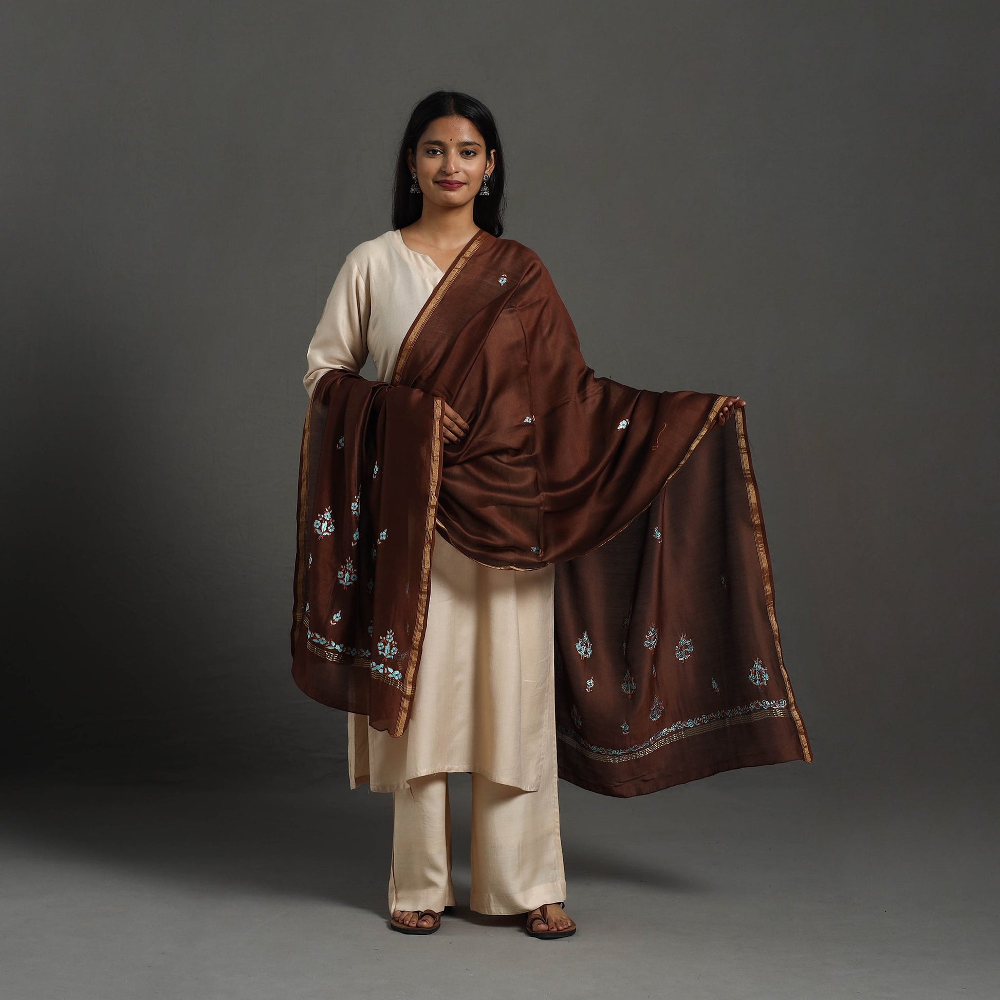 Brown - Hand Embroidered Chanderi Silk Handloom Kashida Dupatta 56