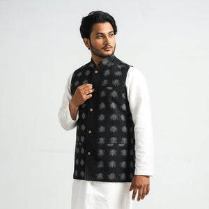 Black - Pochampally Double Ikat Handloom Cotton Men Nehru Jacket