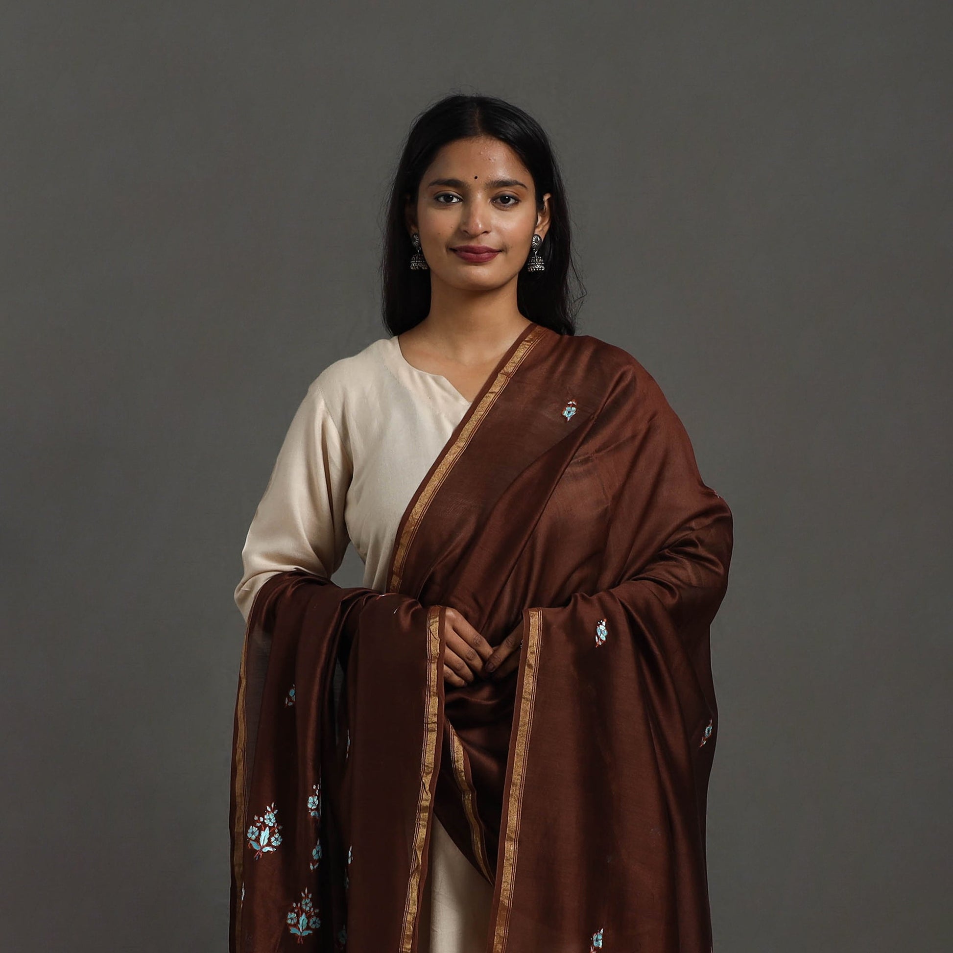 Brown - Hand Embroidered Chanderi Silk Handloom Kashida Dupatta 56