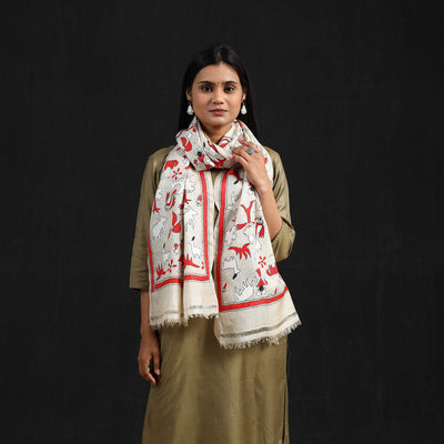 Beige - Handloom Desi Tussar Bengal Nakshi Kantha Work Stole 47