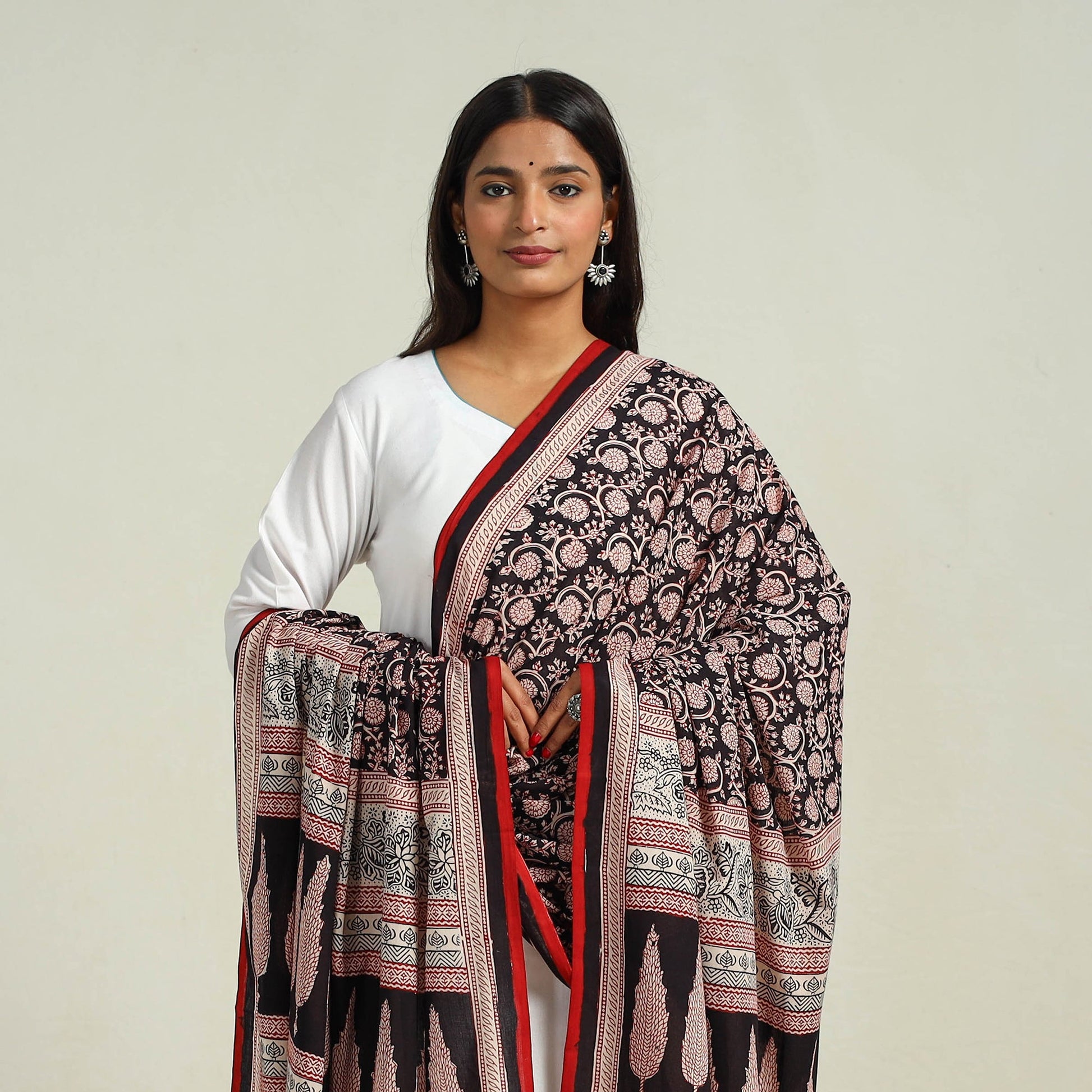 Black - Hand Block Print Cotton Bagh Dupatta 26
