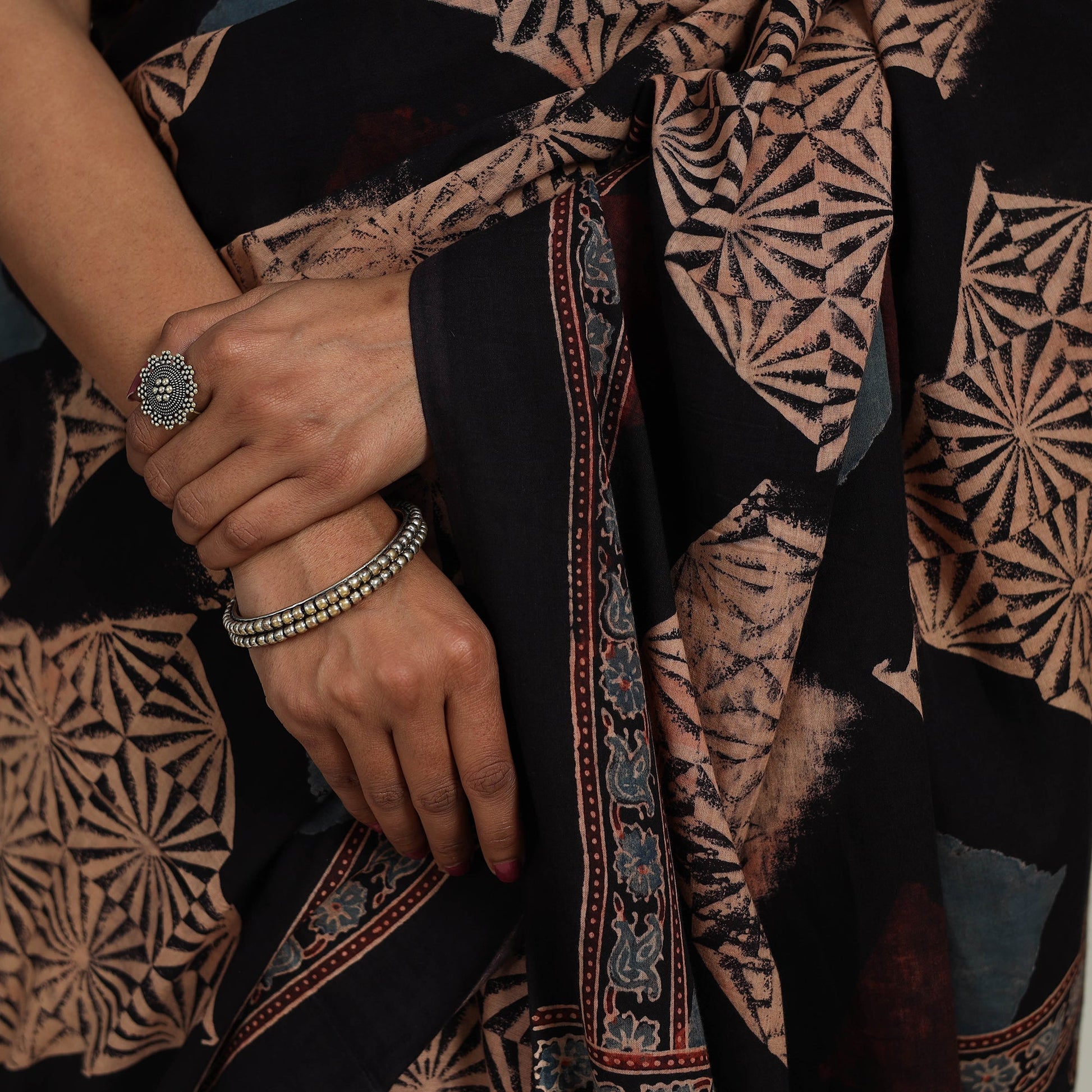 Black - Mul Cotton Block Print Ajrakh Saree 10