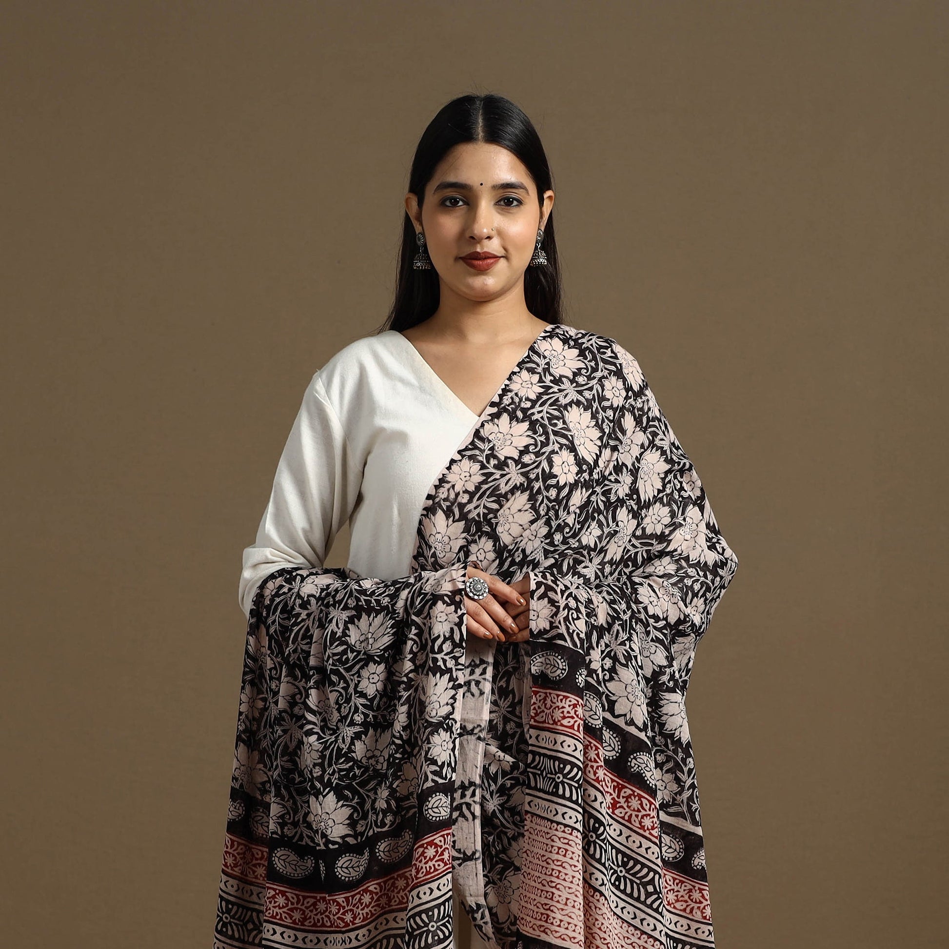 Black - Block Print Mul Cotton Bagru Dupatta 14