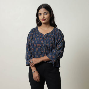 Blue - Ajrakh Block Printed Cotton Crop Top 04