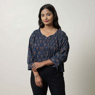 Blue - Ajrakh Block Printed Cotton Crop Top 04
