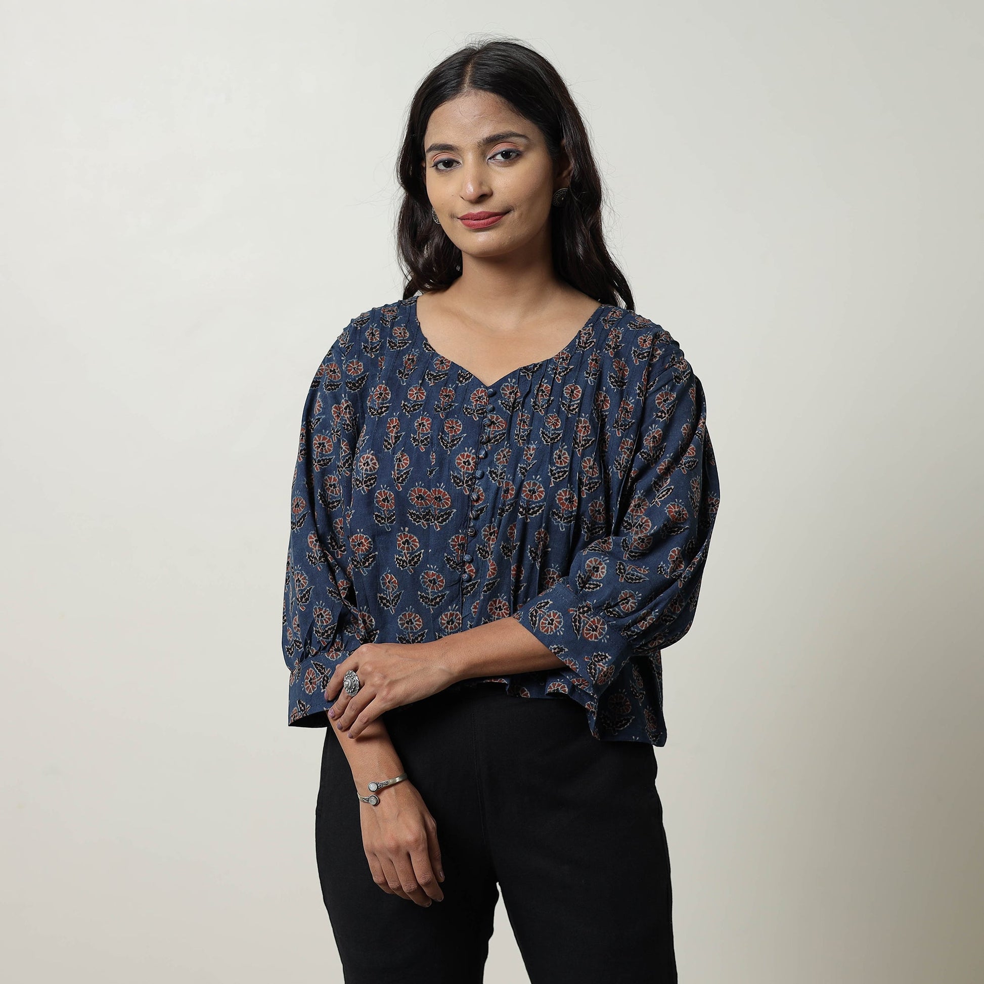 Blue - Ajrakh Block Printed Cotton Crop Top 04