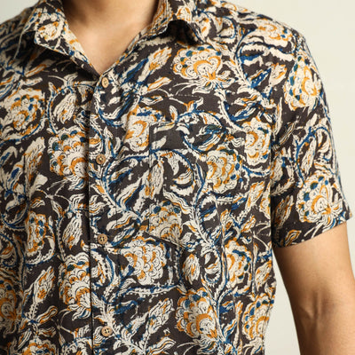 Black - Kalamkari Block Printed Cotton Men Half Sleeve Shirt 05