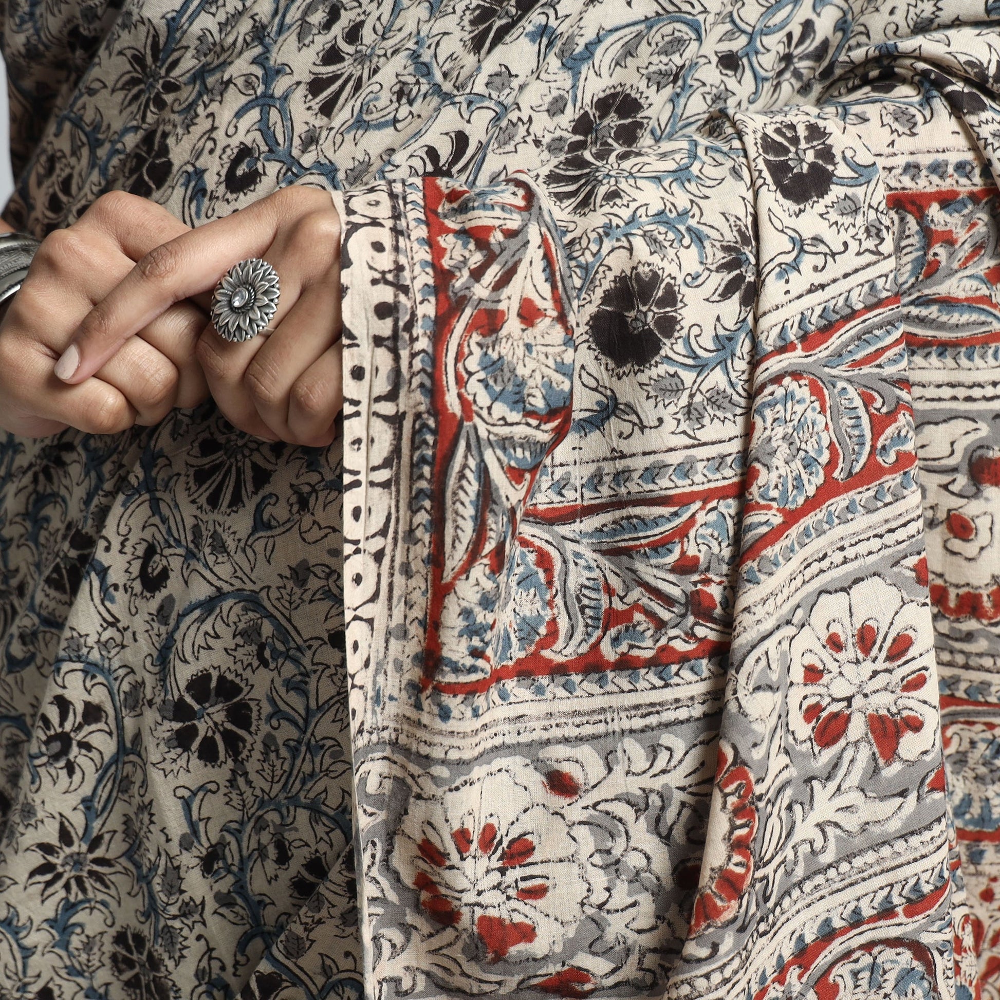 Beige - Pedana Block Print Cotton Kalamkari Saree