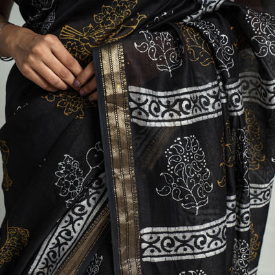Black - Hand Batik Printed Chanderi Silk Zari Border Saree with Blouse Piece