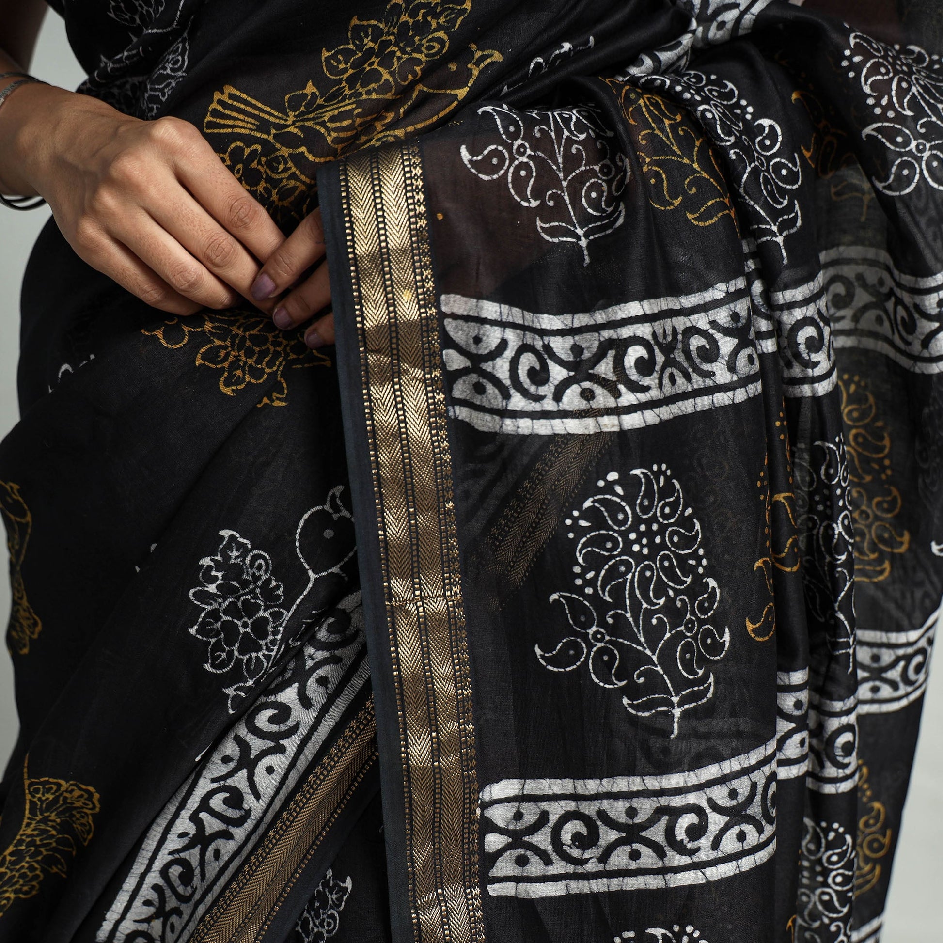 Black - Hand Batik Printed Chanderi Silk Zari Border Saree with Blouse Piece