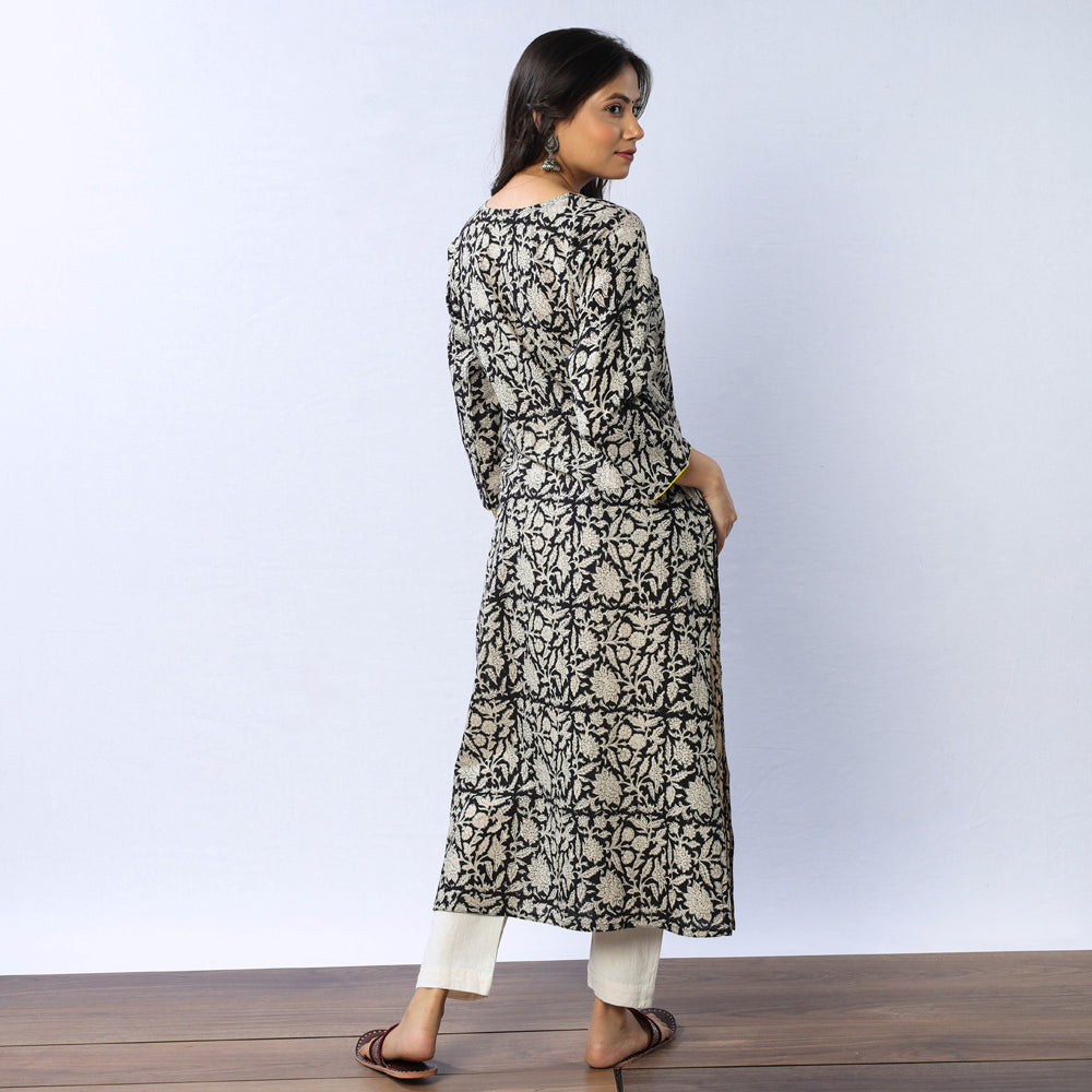 Black & White Floral Buta Bagru Block Printed Cotton Long Kurta