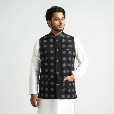 Black - Pochampally Double Ikat Handloom Cotton Men Nehru Jacket
