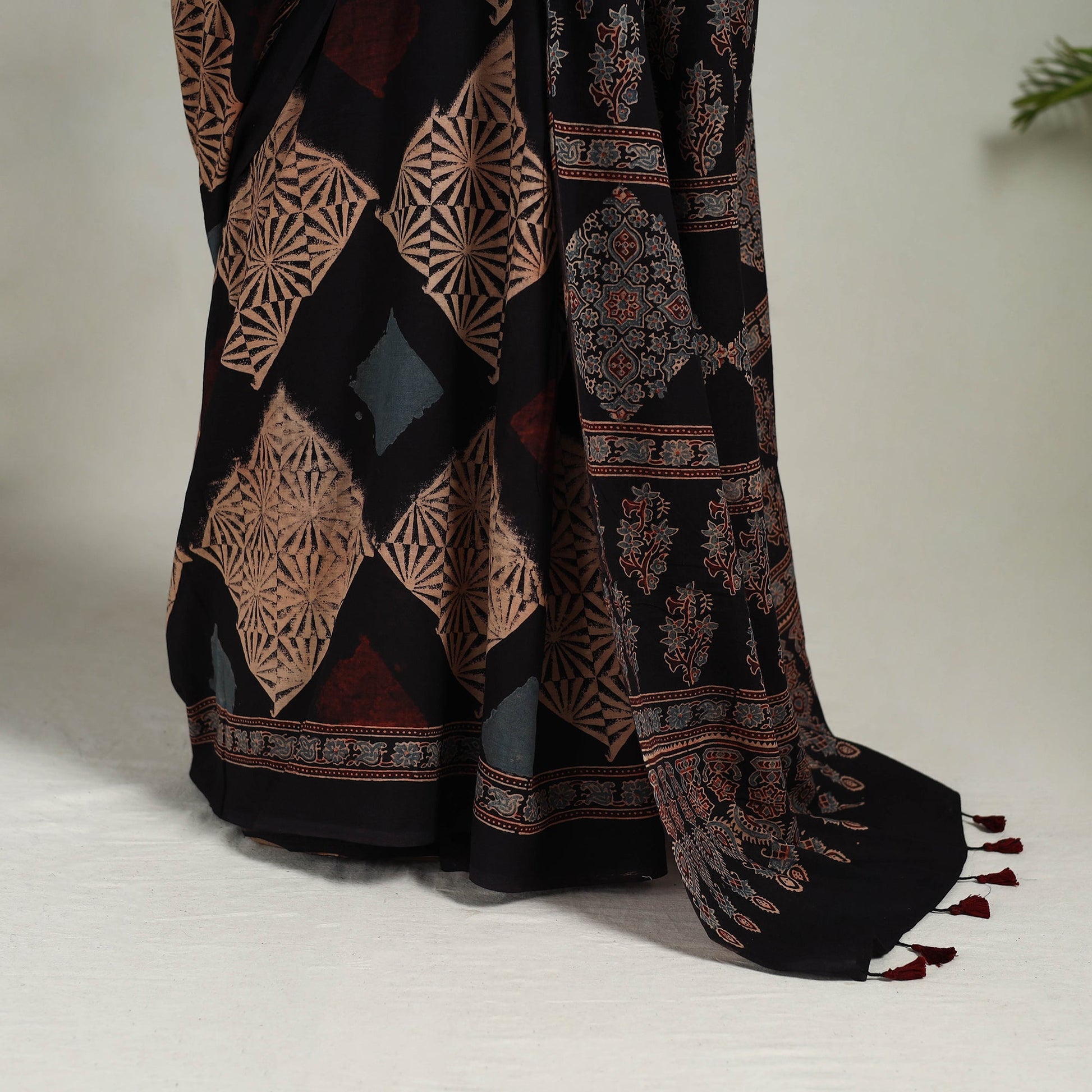 Black - Mul Cotton Block Print Ajrakh Saree 10