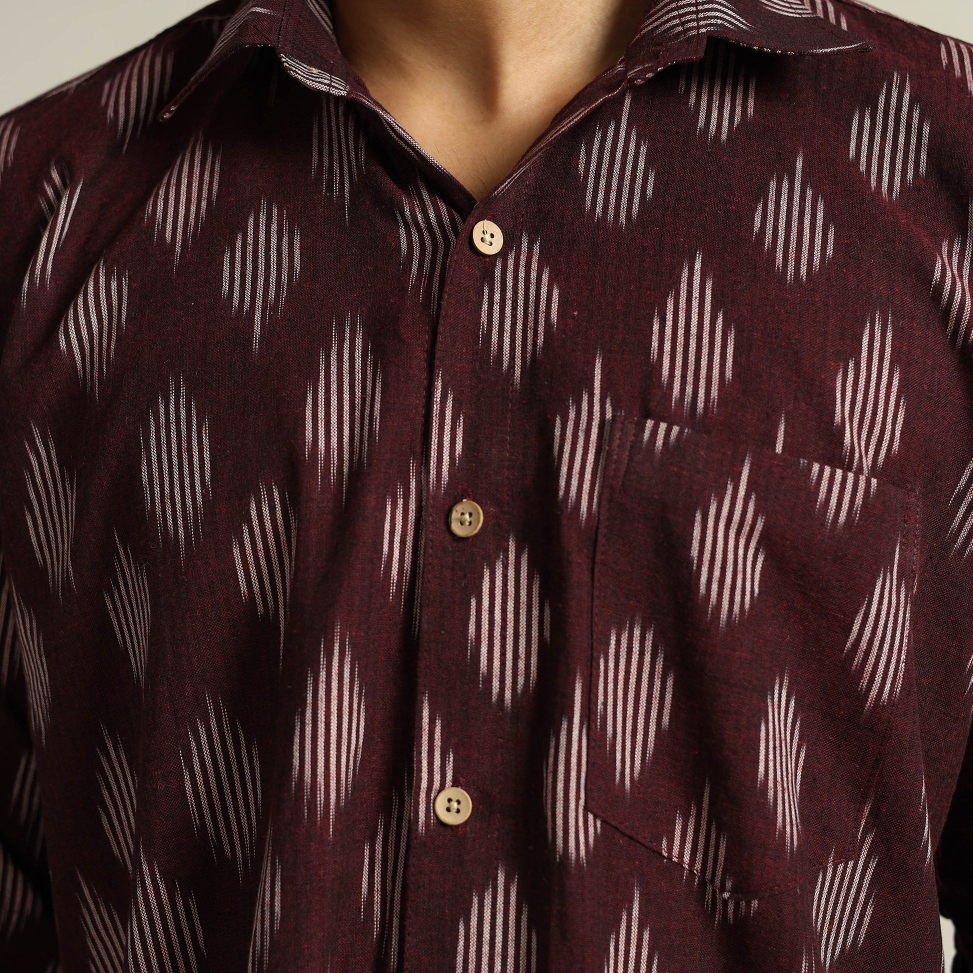 Brown - Pochampally Ikat Weave Cotton Men Full Sleeve Shirt 18