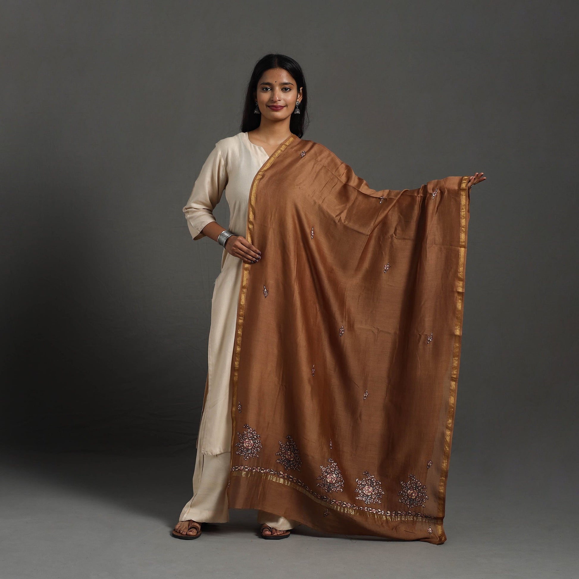 Brown - Hand Embroidered Chanderi Silk Handloom Kashida Dupatta 55