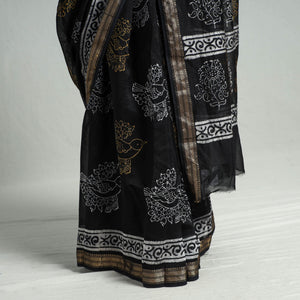 Black - Hand Batik Printed Chanderi Silk Zari Border Saree with Blouse Piece