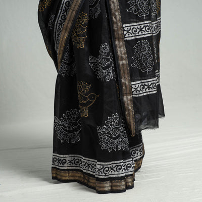 Black - Hand Batik Printed Chanderi Silk Zari Border Saree with Blouse Piece