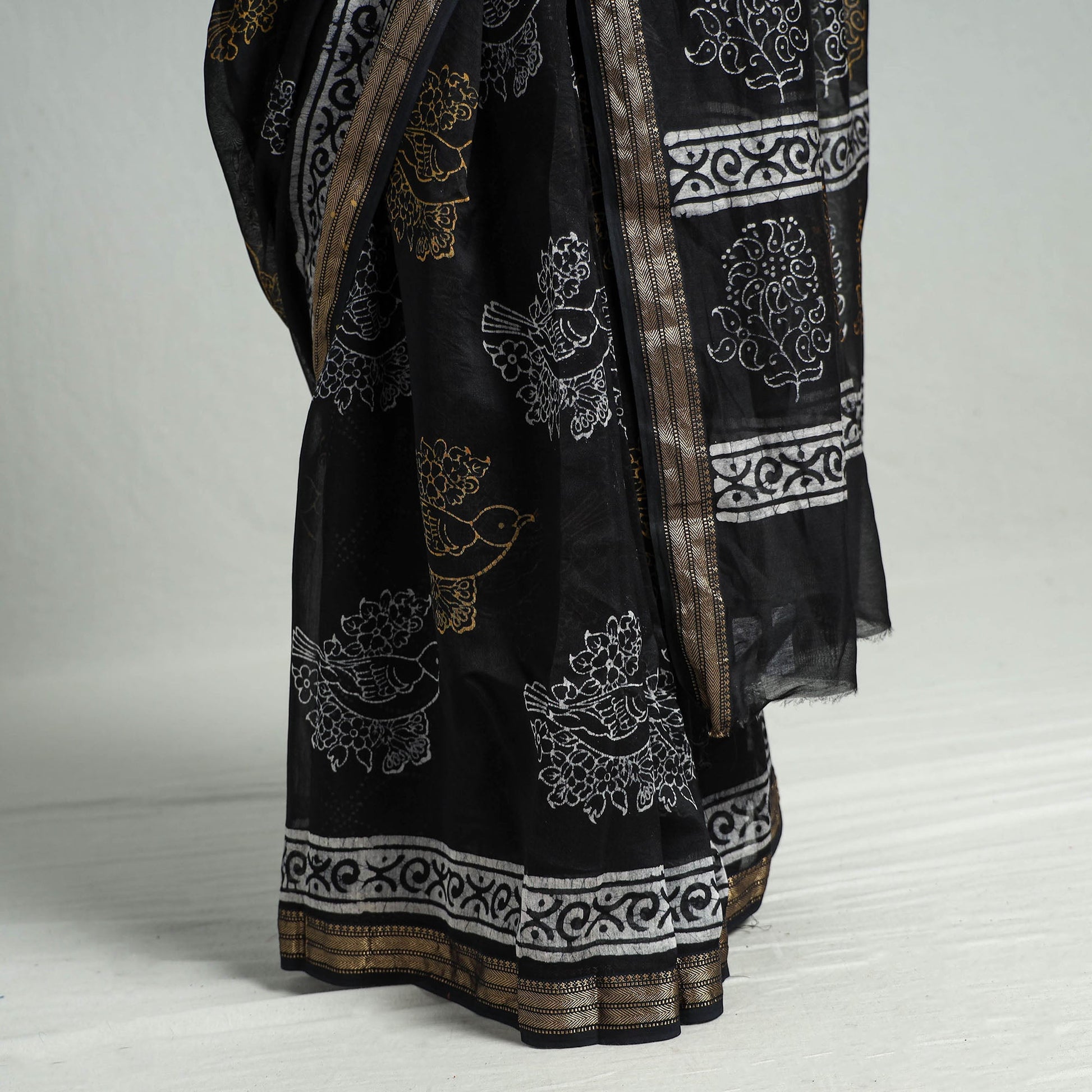 Black - Hand Batik Printed Chanderi Silk Zari Border Saree with Blouse Piece