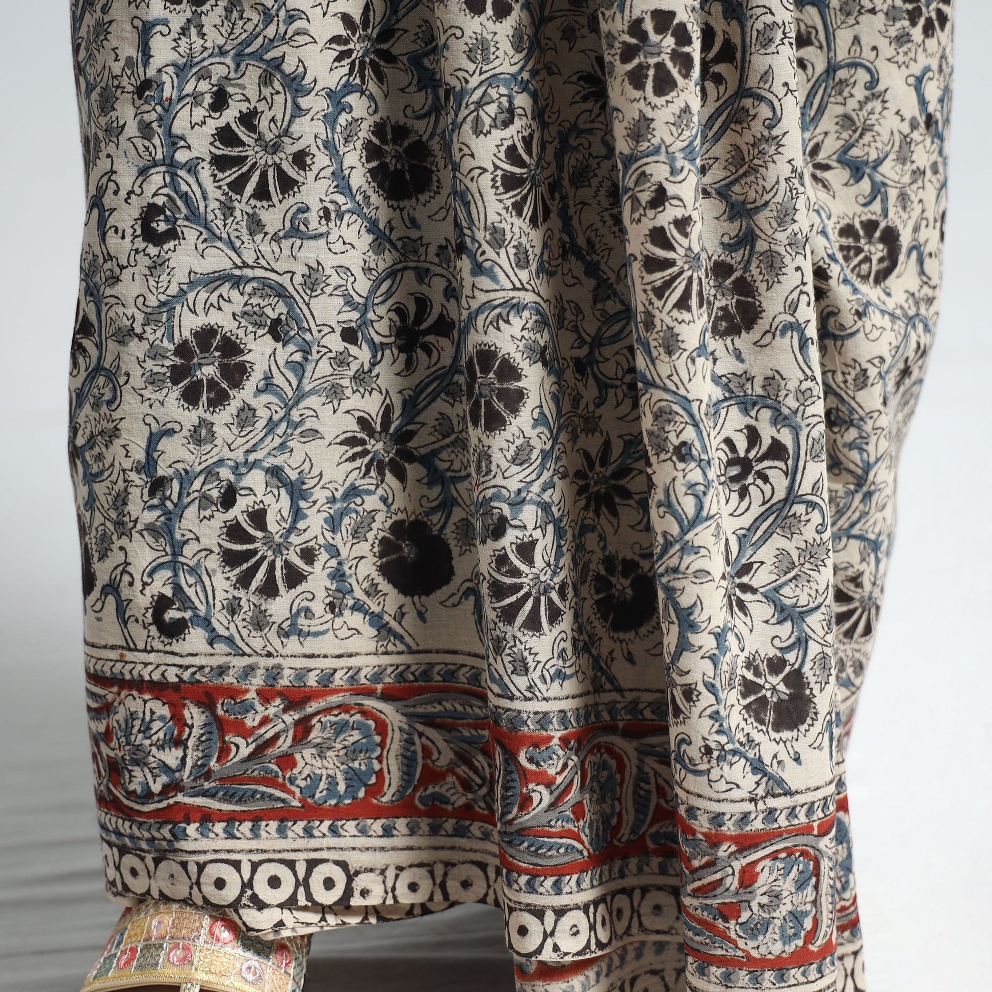 Beige - Pedana Block Print Cotton Kalamkari Saree