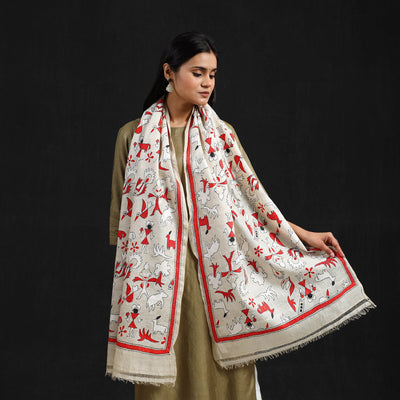 Beige - Handloom Desi Tussar Bengal Nakshi Kantha Work Stole 47