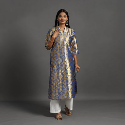 Blue - Cutwork Tissue Zari Jaal Banarasi Silk Kurta 10
