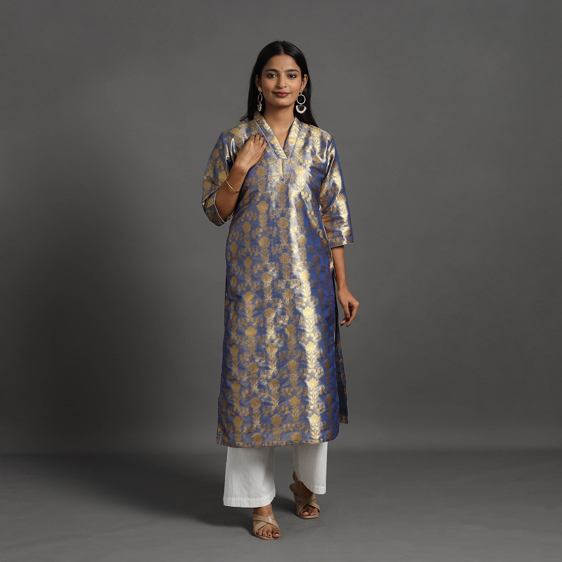 Blue - Cutwork Tissue Zari Jaal Banarasi Silk Kurta 10