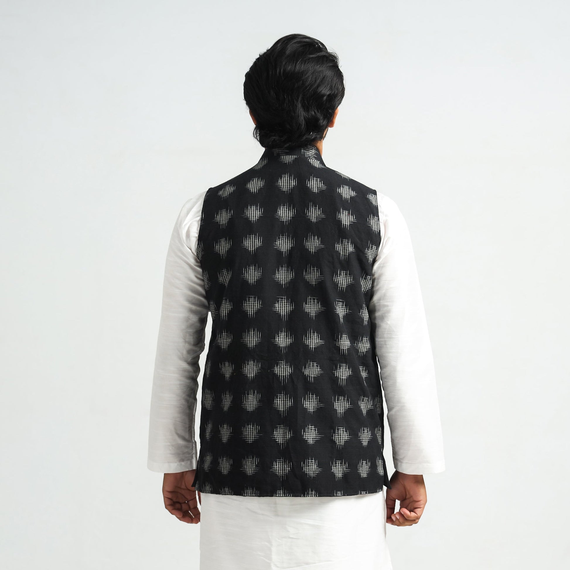 Black - Pochampally Double Ikat Handloom Cotton Men Nehru Jacket