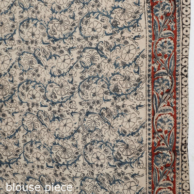 Beige - Pedana Block Print Cotton Kalamkari Saree