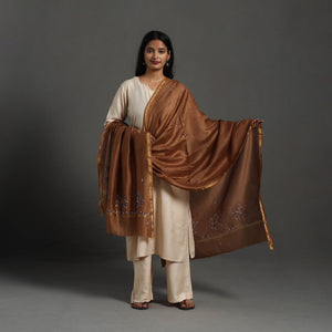 Brown - Hand Embroidered Chanderi Silk Handloom Kashida Dupatta 55