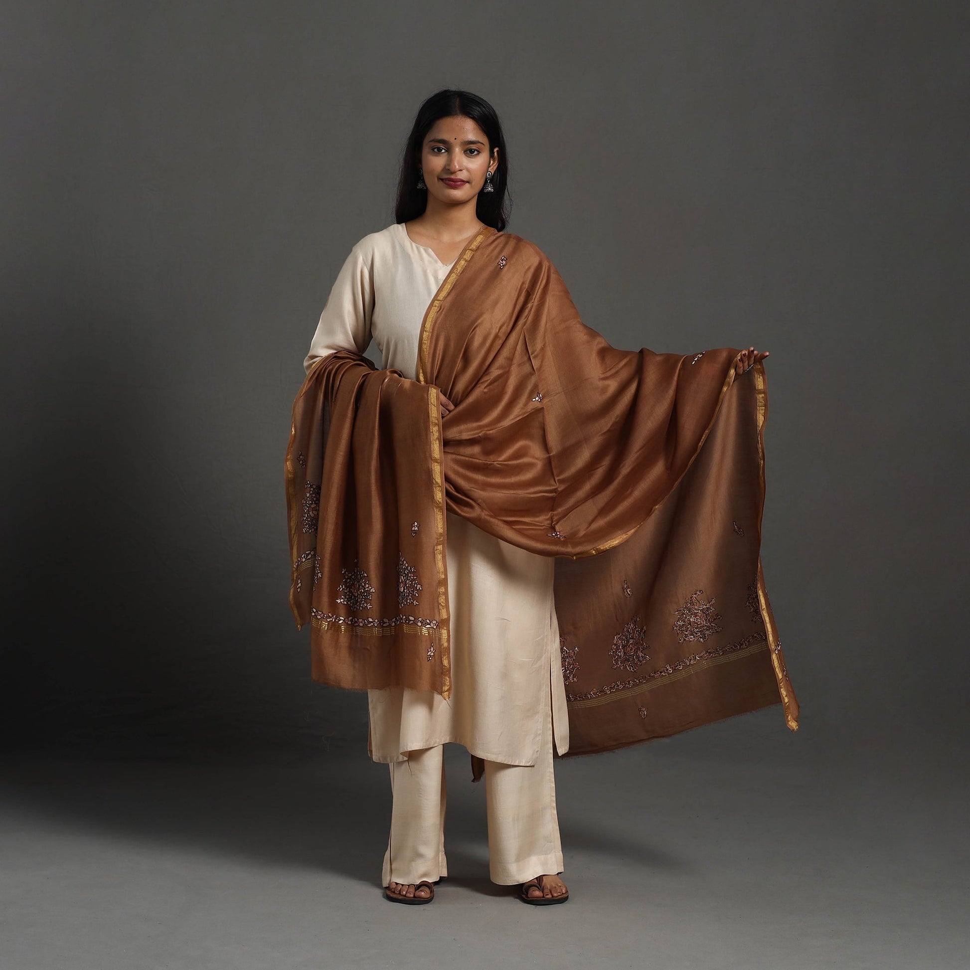 Brown - Hand Embroidered Chanderi Silk Handloom Kashida Dupatta 55
