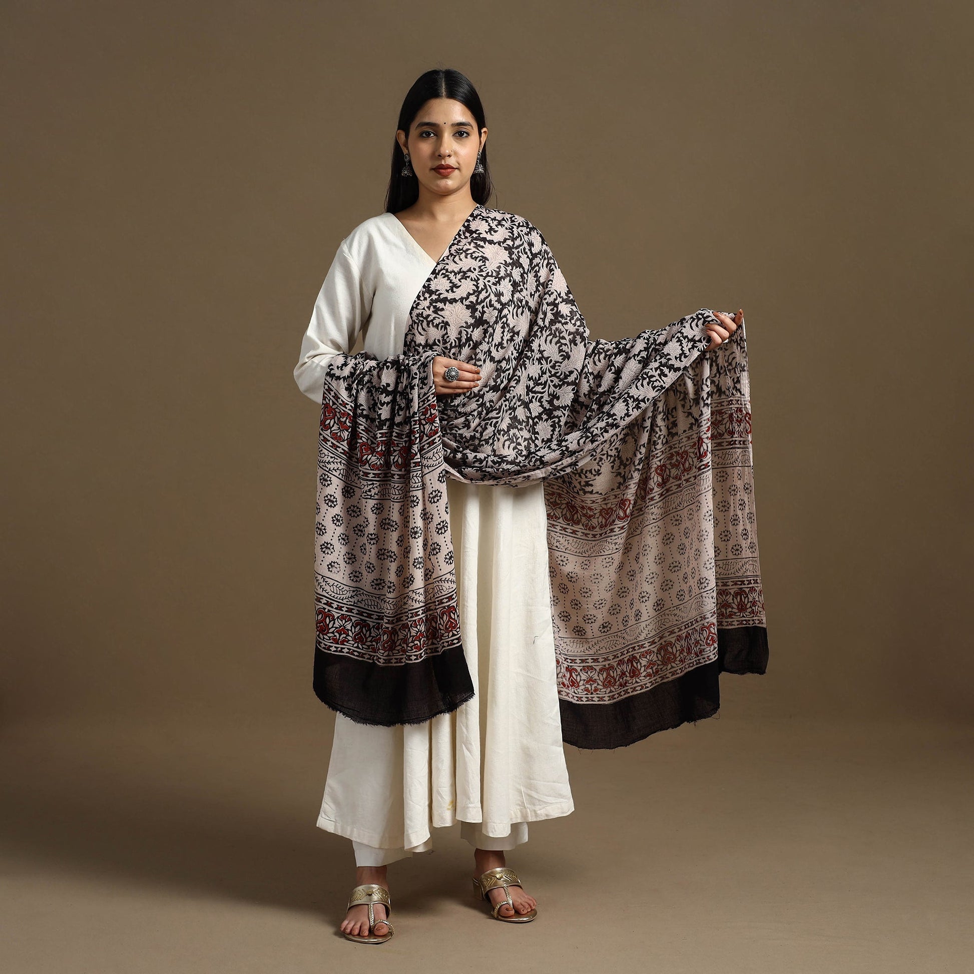 Black - Block Print Mul Cotton Bagru Dupatta 15