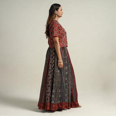 Black - Ajrakh Block Printed 24 Kali Patchwork Cotton Long Skirt 08