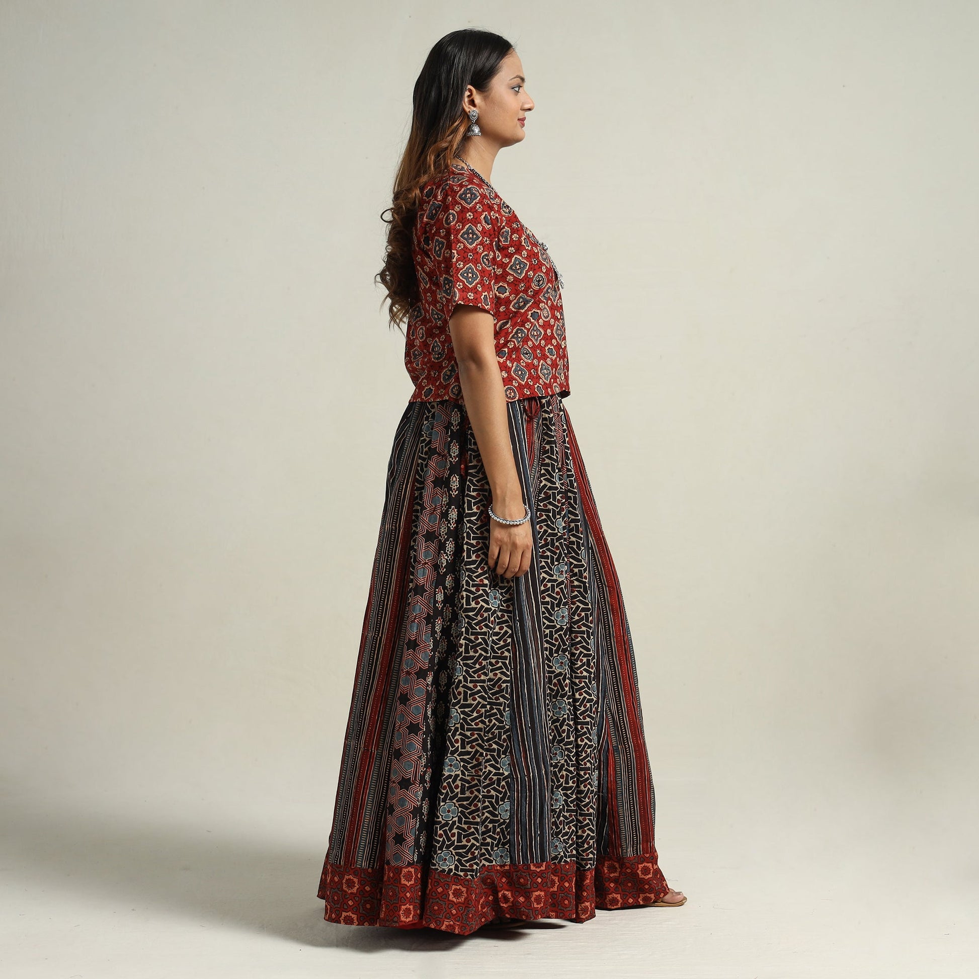Black - Ajrakh Block Printed 24 Kali Patchwork Cotton Long Skirt 08