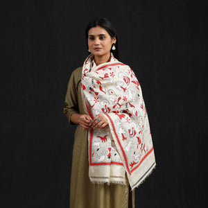 Beige - Handloom Desi Tussar Bengal Nakshi Kantha Work Stole 47