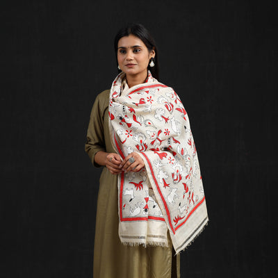 Beige - Handloom Desi Tussar Bengal Nakshi Kantha Work Stole 47