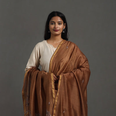Brown - Hand Embroidered Chanderi Silk Handloom Kashida Dupatta 55