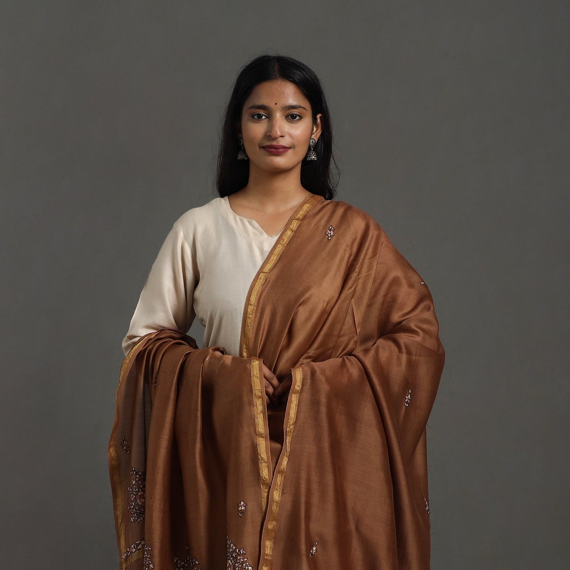 Brown - Hand Embroidered Chanderi Silk Handloom Kashida Dupatta 55