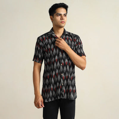 Black - Pochampally Ikat Weave Cotton Men Half Sleeve Shirt 08